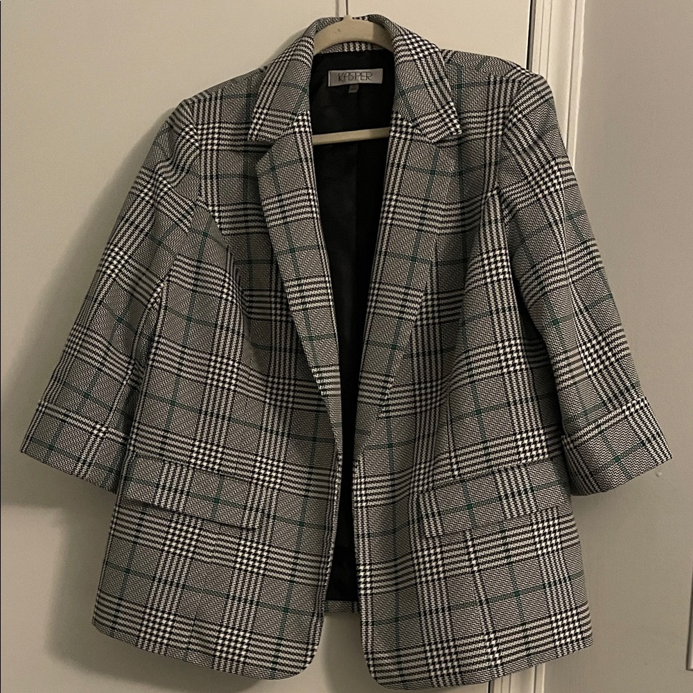 Kasper Black and White with green Checkered Blazer